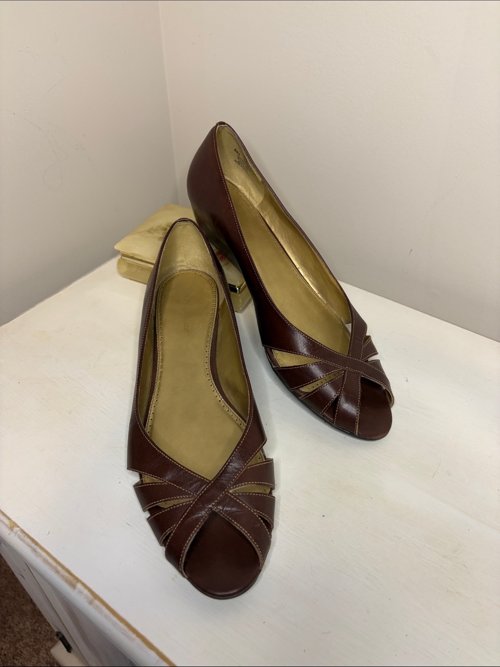 Brown Vintage Inspired Leather Peep-Toe Women's Wedge Heels